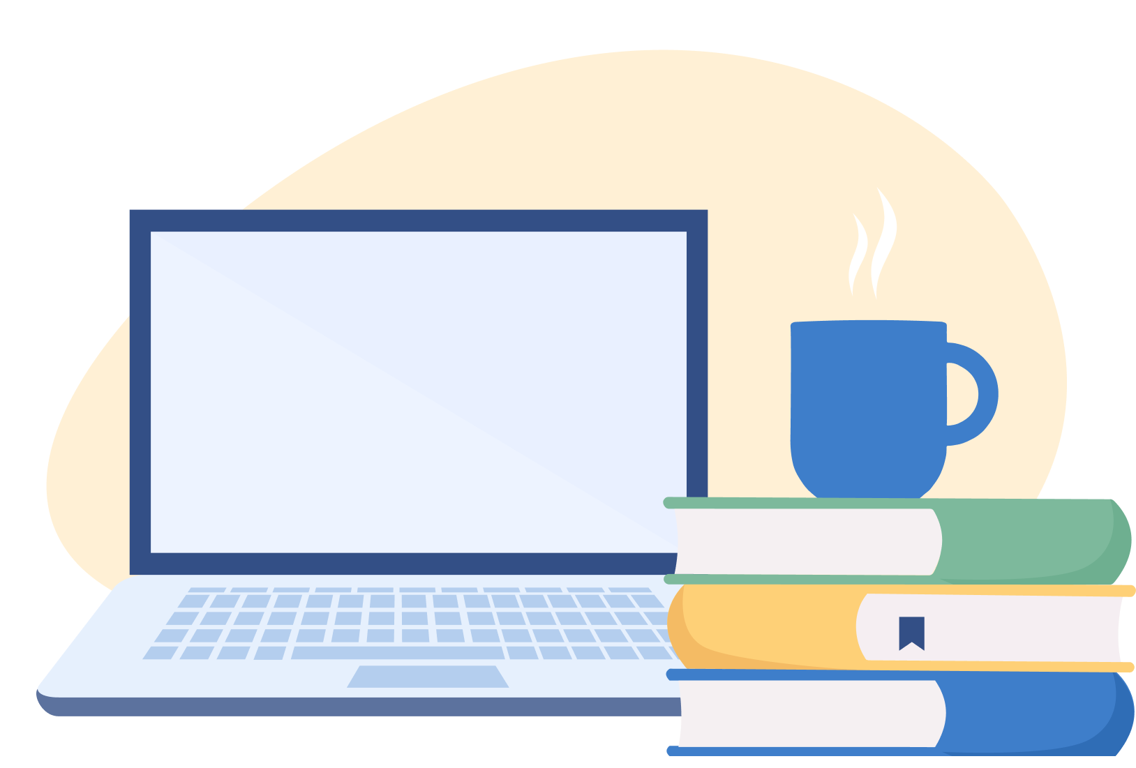 Clases particulares: Ilustración de ordenador portátil con libros y taza caliente